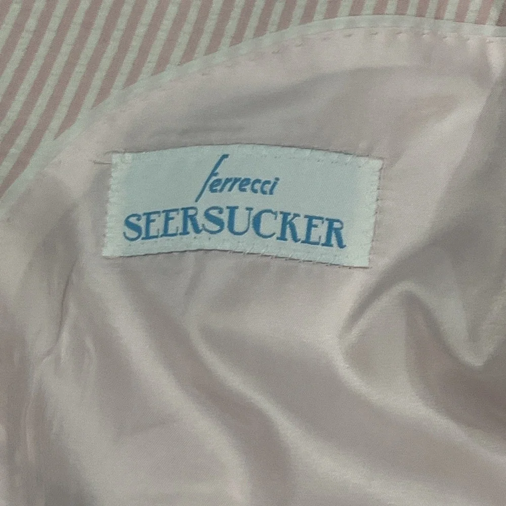 Ferrecci Seersucker Suit Double Vent 2pc Mens 46R W40 Pink Striped Classic